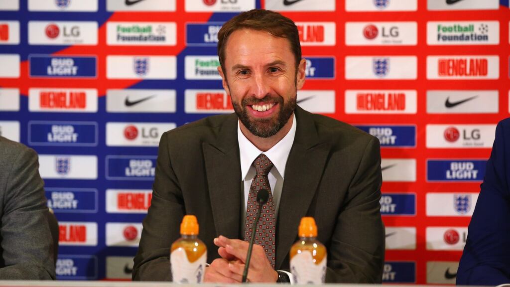 England manager Gareth Southgate at a press conference at St George’s Park on Thursday. Photograph:  Alex Livesey/Getty Images