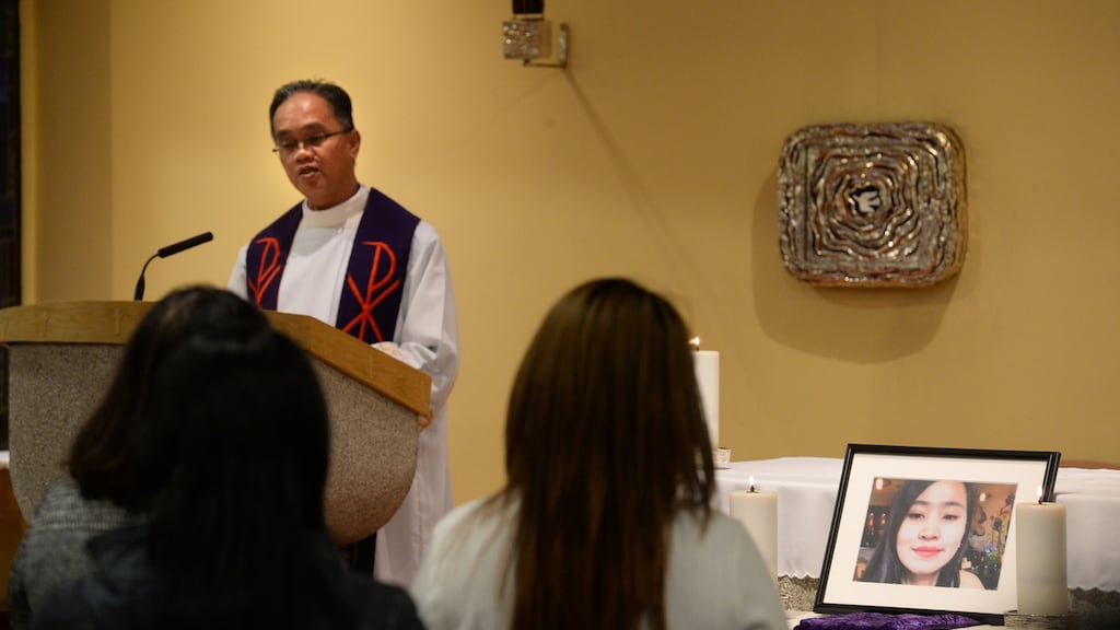 Fr Rene Esoy was joined by members of the Irish Filipino community at the Blessed Sacrament Chapel on Bachelors Walk, Dublin for a prayer service in remembrance of Jastine Valdez last week. Photograph: Dara Mac Dónaill/The Irish Times.