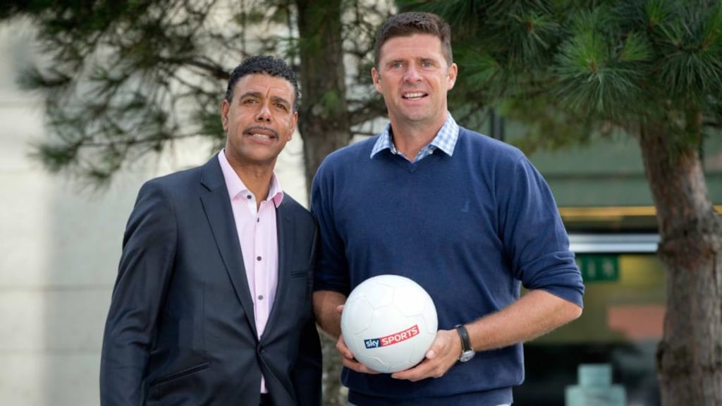 Former soccer players Chris Kamara and Niall Quinn in Dublin on Tuesday. Quinn said there needs to be more of a focus on the development of young Irish players. Photograph: Morgan Treacy/Inpho