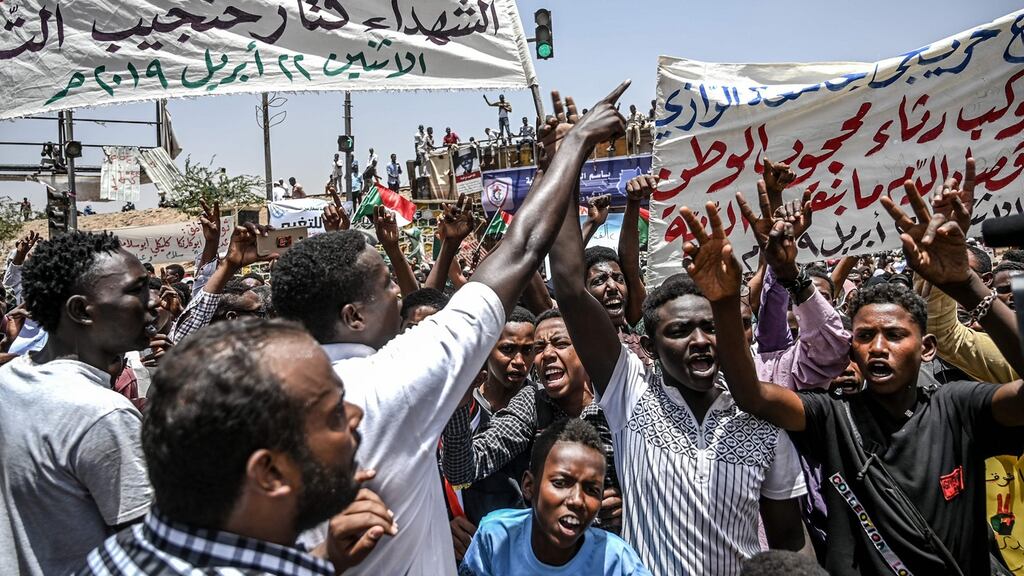Demonstrators protest outside   Sudan’s army headquarters in the capital Khartoum. Photograph: Getty Images