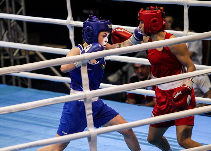 Ireland’s Caitlin Fryers (blue corner) in action against Azerbaijan’s Anakha Ismayilova. Photograph: Aleksandar Djorovic/Inpho
