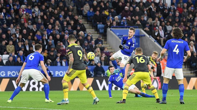 Stuart Armstrong’s effort deflects off James Maddison as Southampton equalise against Leicester. Photograph: Michael Regan/Getty