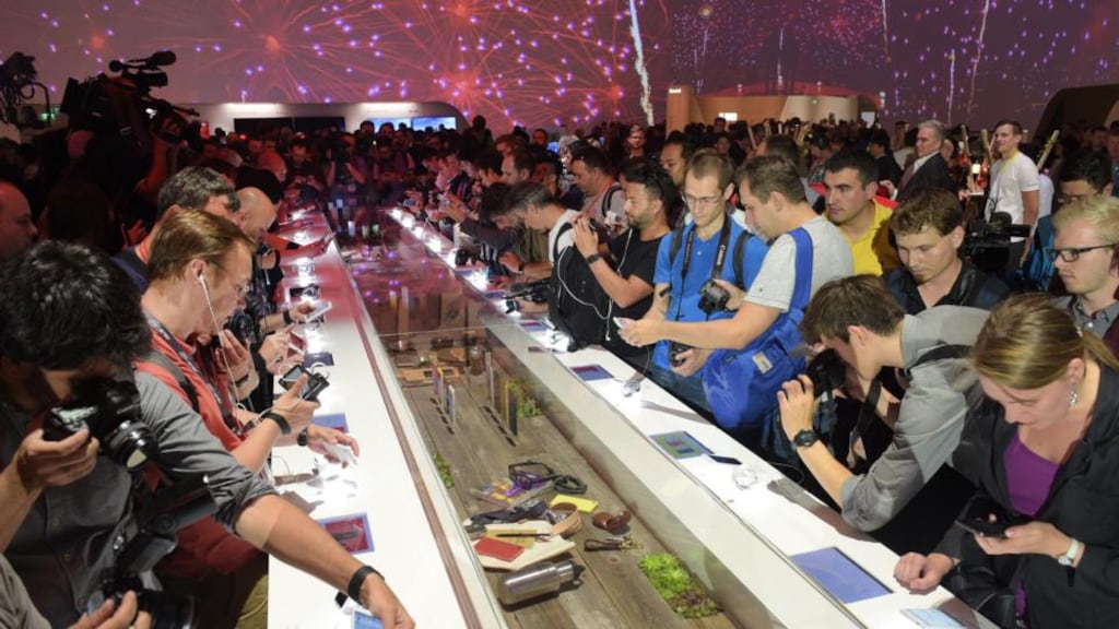 Bloggers and journalists look at new Sony products at the company’s booth during the first press day for the International Consumer Electronics Fair (IFA) at the exhibition grounds in Berlin, Germany. Photograph: EPA/RAINER JENSEN