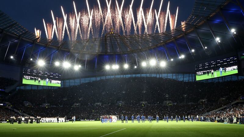 Fireworks go off as the teams enter the pitch at The Tottenham Hotspur Stadium. Photo: Nick Potts/PA Wire