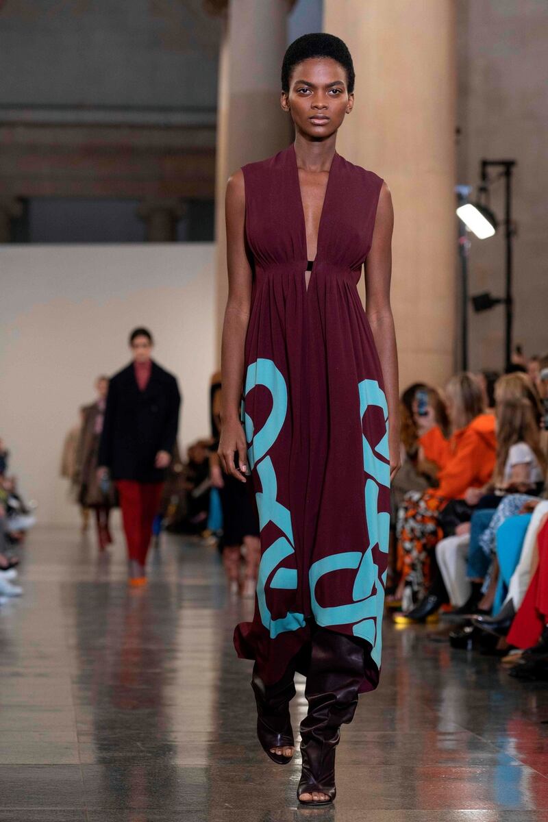 A model presents a creation from British designer Victoria Beckham on the catwalk in London. Photograph: Niklas Halle’n/AFP/Getty Images