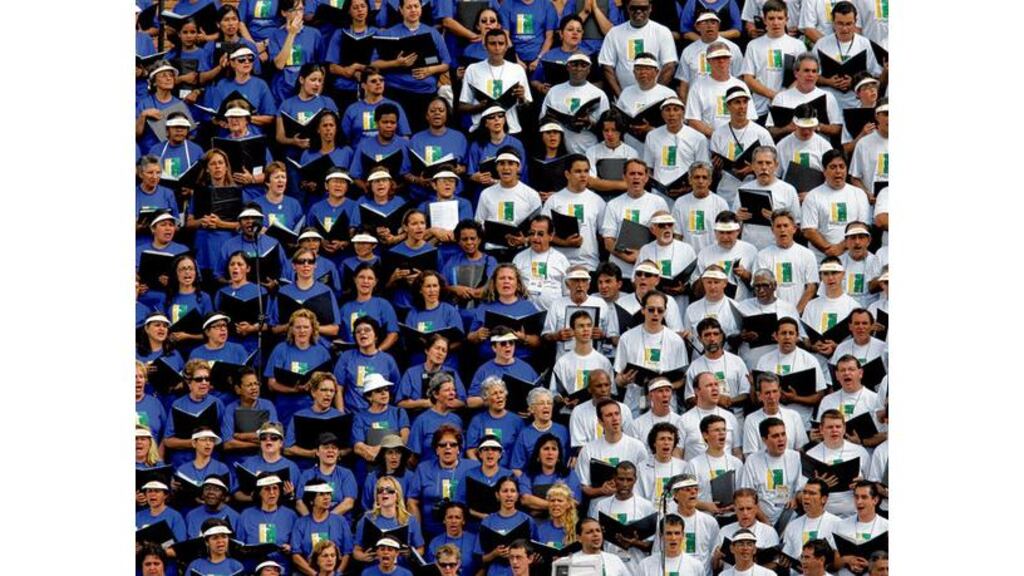 Choristers sing during a Mass celebrated by Pope Benedict XVI at the Aparecida basilica, Brazil, in 2007 during his trip as part of the church's effort to extend its missionary reach in Latin America. photograph: getty images