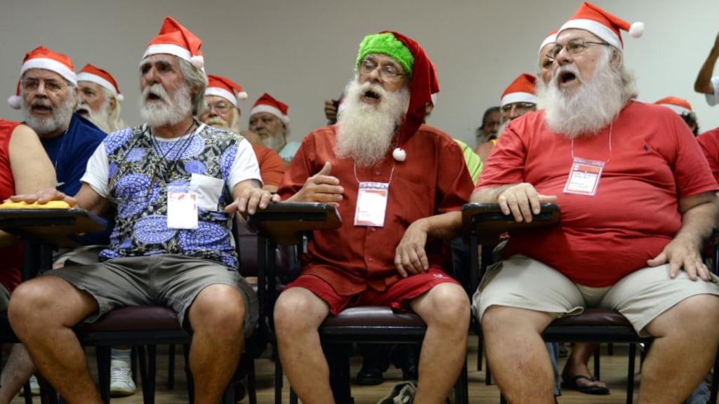 Santa Claus school in Rio de Janeiro, Brazil, last week: It’s easy to forget what Christmas is about, which is Santa Clause travelling to Bethlehem and climbing down the stable’s chimney. Photograph: Vanderlei Almeida/AFP/Getty