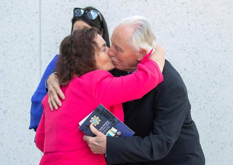 May 2023: Don Tidey embraces Caroline Kelleher, widow of Sgt Daniel Kelleher, who was awarded a bronze Scott medal posthumously for his actions during the 1983 rescue of Mr Tidey. The ceremony took place at Walter Scott House, Dublin, at the presentation of Scott medals for bravery to Garda members. Photograph: Colin Keegan/Collins Dublin