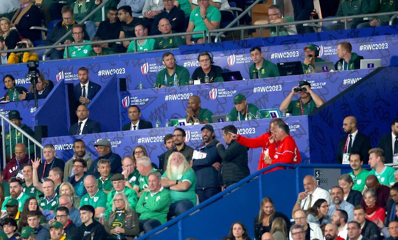 South Africa’s Duane Vermeulen and director of rugby Rassie Erasmus at the South Africa v Ireland match at the Stade de France on September 23rd. Photograph: James Crombie/Inpho