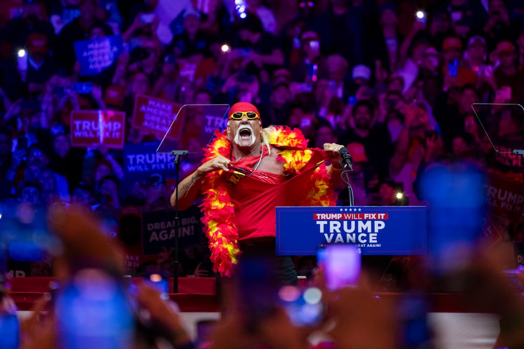 Wrestler 'Hulk Hogan' at a Donald Trump campaign rally in New York last month. Trump’s ability to ride the inconsistencies in his policies is exemplified in professional wrestling’s playful performative aggression. Photograph: Hiroko Masuike/The New York Times