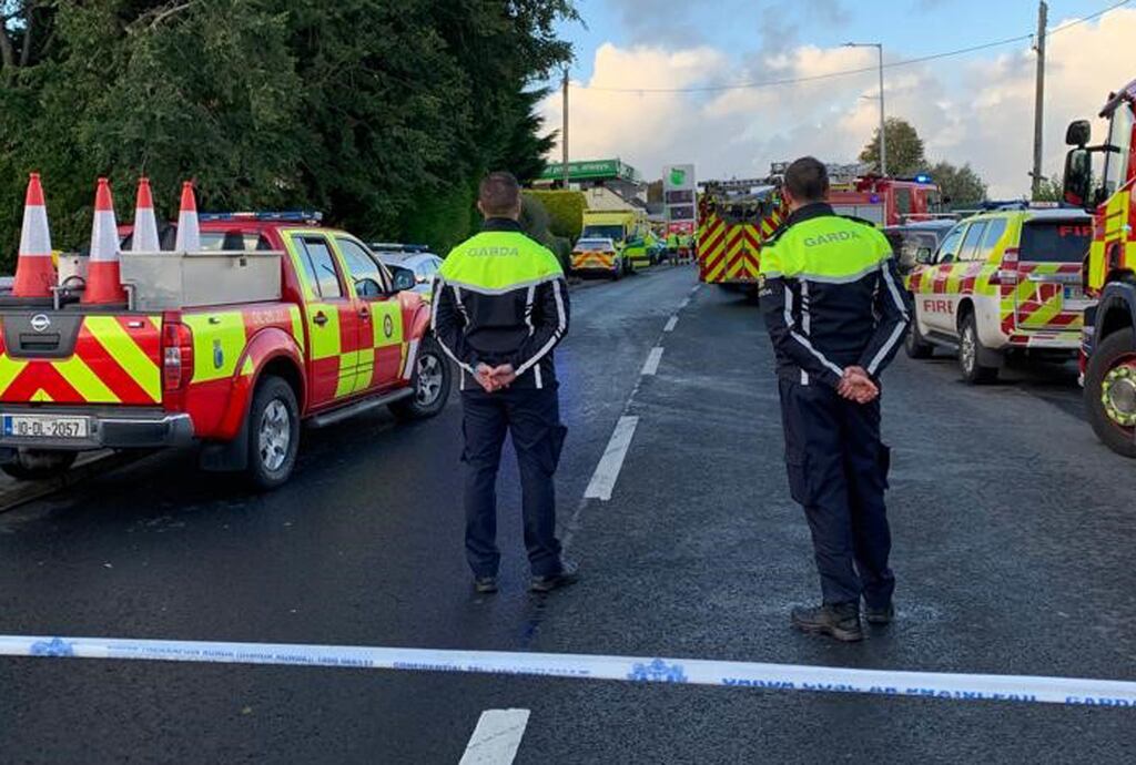 Emergency services at the scene at the Applegreen service station located in the village of Creeslough in Co Donegal where multiple injuries have been reported after an explosion. Photograph: PA Wire