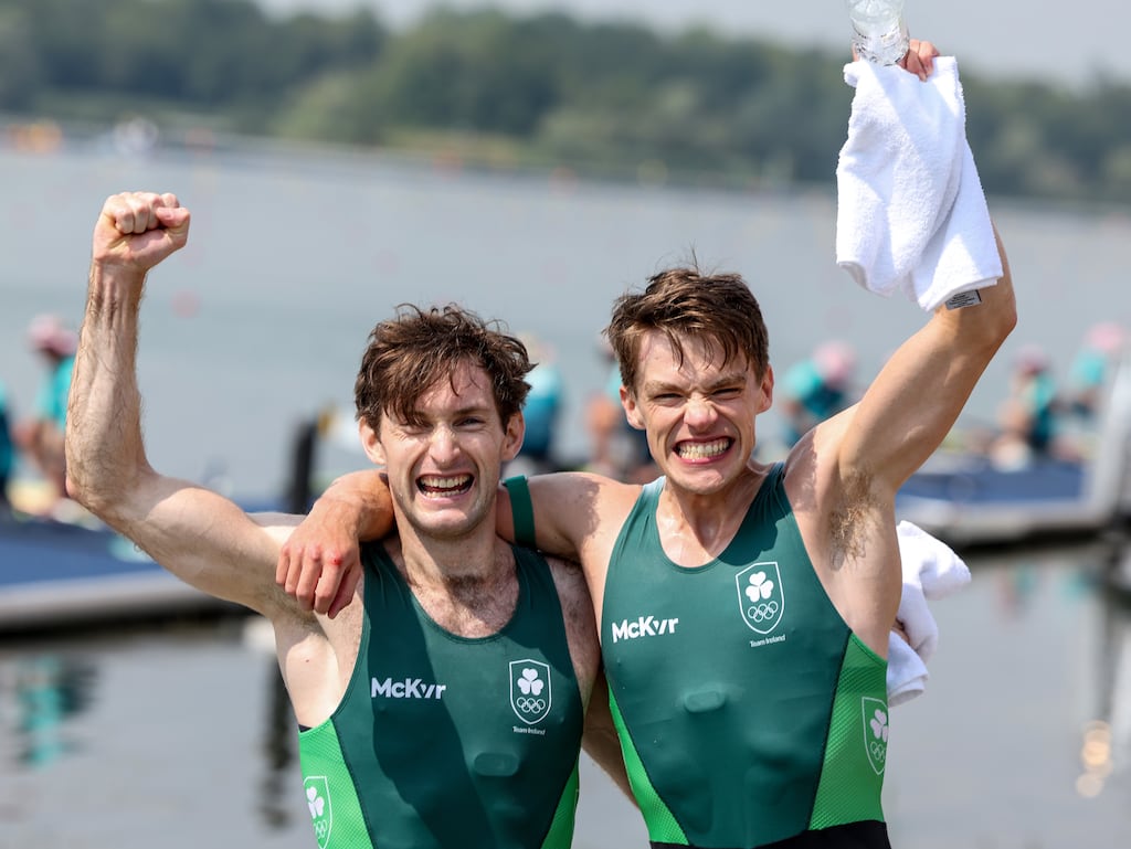 Ireland’s Paul O’Donovan and Fintan McCarthy celebrate after winning the lightweight double sculls final in Paris. Photograph: Morgan Treacy/Inpho