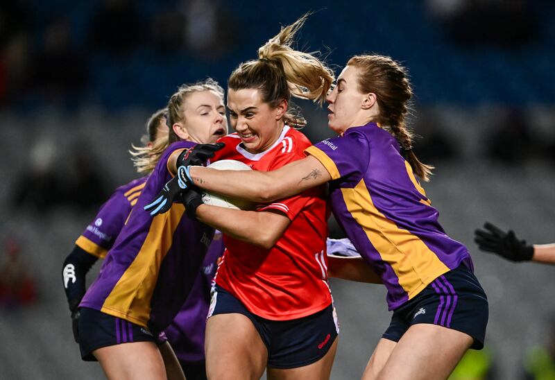 Ailish Morrissey of Kilkerrin-Clonberne is challenged by Kilmacud Crokes' Niamh Carr (left) and Lauren Magee during the AIB LGFA All-Ireland Senior Club Championship final at Croke Park. Photograph: Piaras Ó Mídheach/Sportsfile