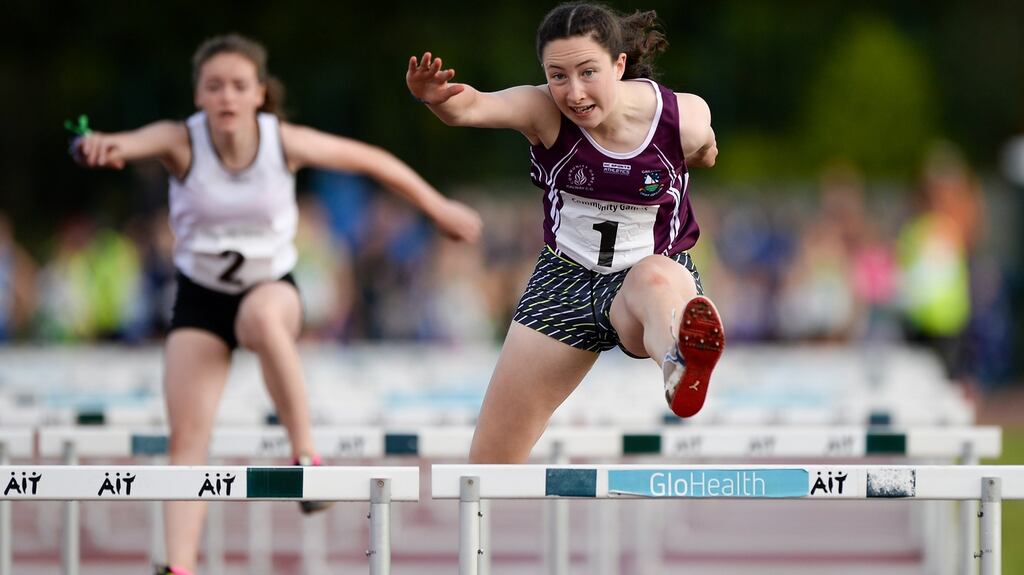 Aoibhe Deely from Co Galway in the Girls U14 80m Hurdles at the weekend. Photograph: Seb Daly/Sportsfile