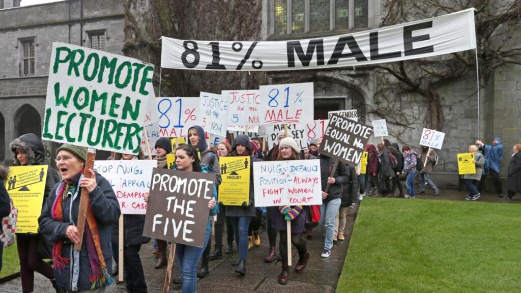 Dr Micheline Sheehy Skeffington taking part in the demonstration to highlight gender inequality at the Quadrangle at NUI Galway. Photograph: Joe O’Shaughnessy