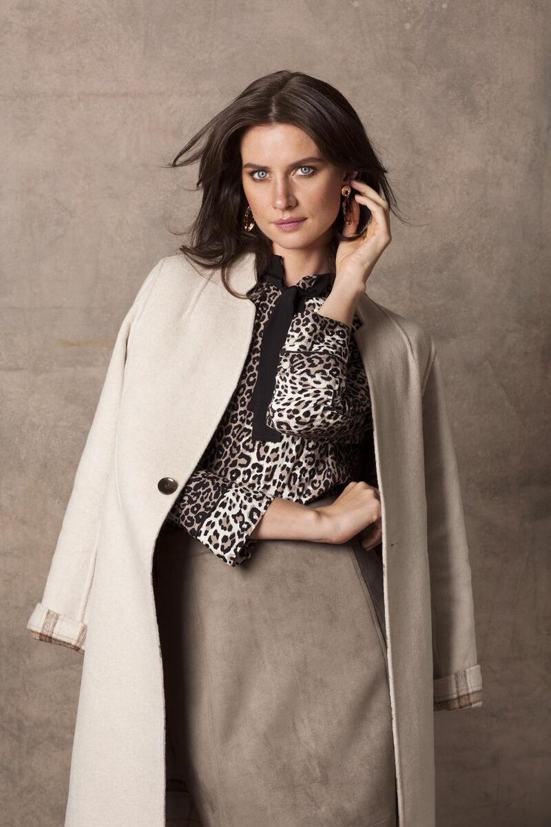 Handstitched reversible coat €119, petersham tie neck animal print blouse €39, Lauren faux suede skirt €34.99. Photograph: Naomi Gaffey