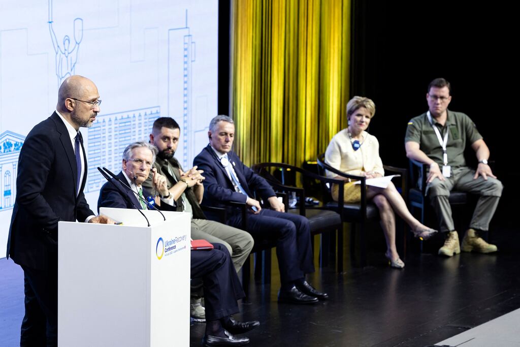 Ukrainian prime minister Denys Shmyhal delivers a speech in Lugano. Photograph: Michael Buholzer/Keystone/AFP via Getty