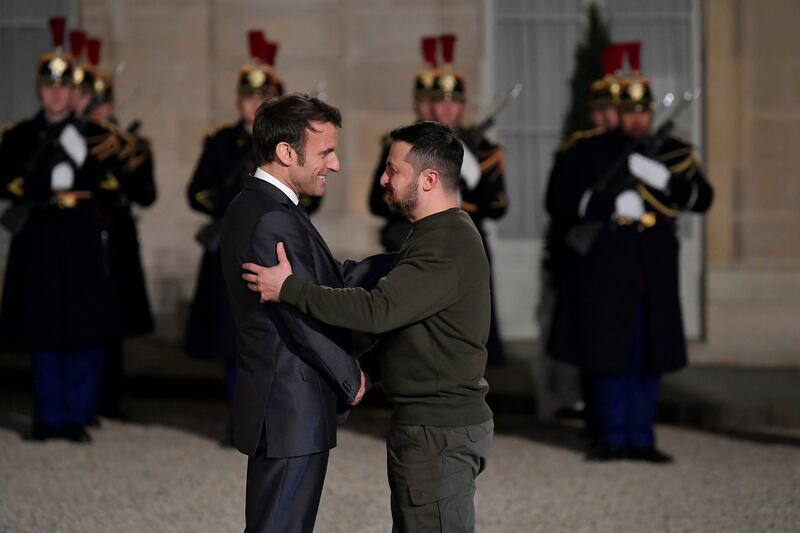 Volodymyr Zelensky and Emmanuel Macron meet at Élysée Palace on February 8th. Photograph: Aurelien Meunier/Getty Images