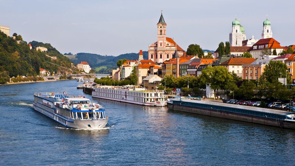 Cruise ship passing on the River Danube in Passau, Bavaria, Germany