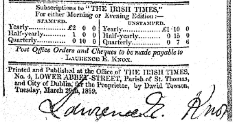 The signature of founder Lawrence Knox appeared in the bottom right-hand corner of the last page of early editions of the newspaper