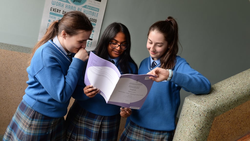 Junior cert students from left; Elizabeth Constantineanu, Sureksha Sukumaran and Aisling Incze  at Mount Carmel Secondary School, King’s Inns Street, Dublin.Photograph: Dara Mac Dónaill