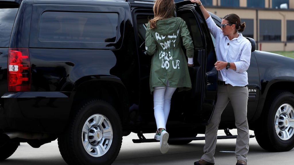 Melania Trump wears a Zara design jacket with the phrase “I Really Don’t Care. Do U?” on the back. Photograph: Kevin Lamarque/Reuters