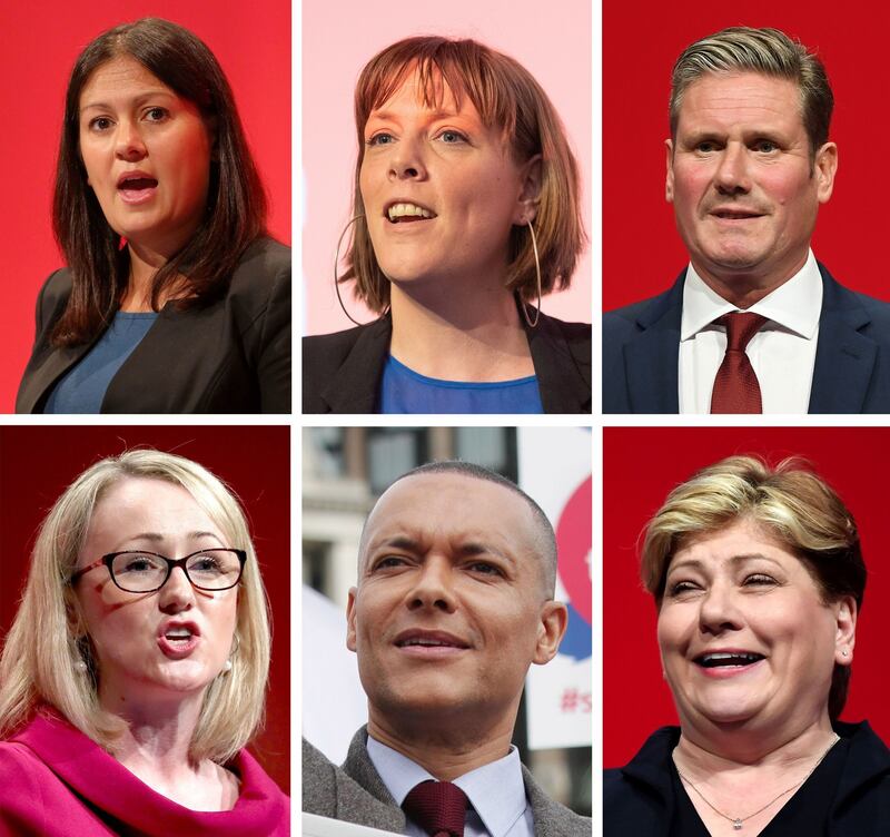 The six MPs running to become the next leader of the UK Labour party: (clockwise from top left) Lisa Nandy, Jess Phillips, Keir Starmer, Emily Thornberry, Clive Lewis and Rebecca Long-Bailey. Photograph: PA/PA Wire