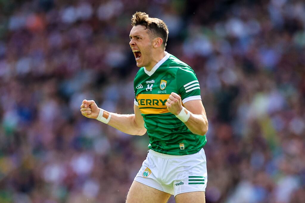 Kerry's David Clifford celebrates one of his eight points during Sunday's All-Ireland final win over Galway. Photograph: James Crombie/Inpho