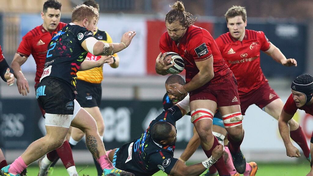 Munster’s Arno Botha drives forward against Zebre last week. Photograph: Matteo Ciambelli /Inpho