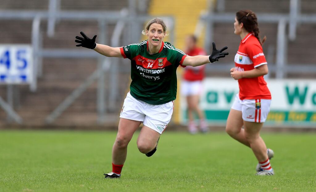 Mayo’s Cora Staunton celebrates the victory over Cork in the All-Ireland semi-final at Kingspan Breffni Park. Photograph: Donall Farmer/Inpho
