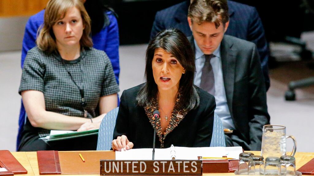 US ambassador to the UN Nikki Haley speaks during a UN Security Council meeting over the situation in the Middle East on Monday in New York. Photograph: Kena Betancur/AFP/Getty Images