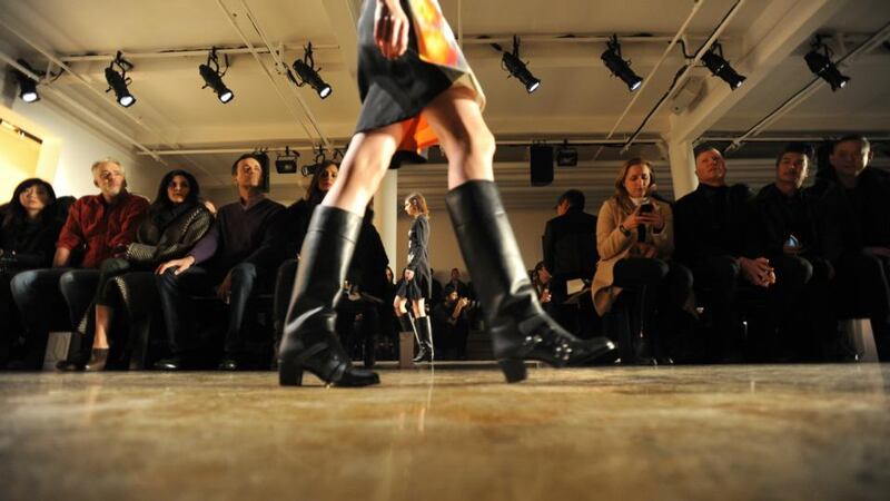 Models walk the runway during the Peter Som show at Milk Studios on the second day of Mercedes-Benz
Fashion Week in New York, Feb. 7, 2014. (Jennifer S. Altman/The New York Times)