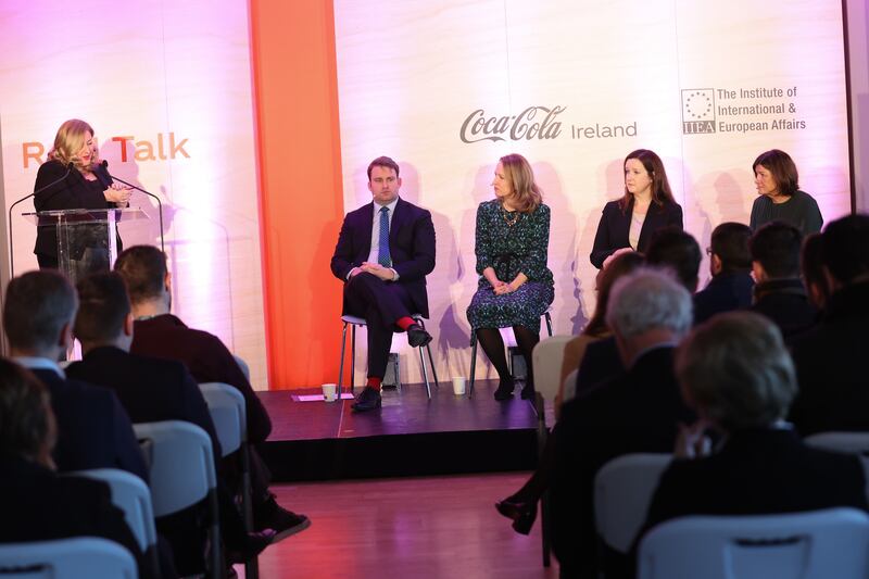 Journalist Dearbhail McDonald chairs the panel discussion with Senator John McGahon, Caoimhe Donnelly, Louise Sullivan and Suzanne Delaney.