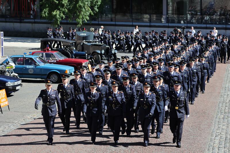 Gardaí during a parade into Dublin Castle in Dublin marking 100 years since the first Garda commissioner led Ireland's new police service into Dublin Castle for the handover of policing duties from the British. Photograph: PA