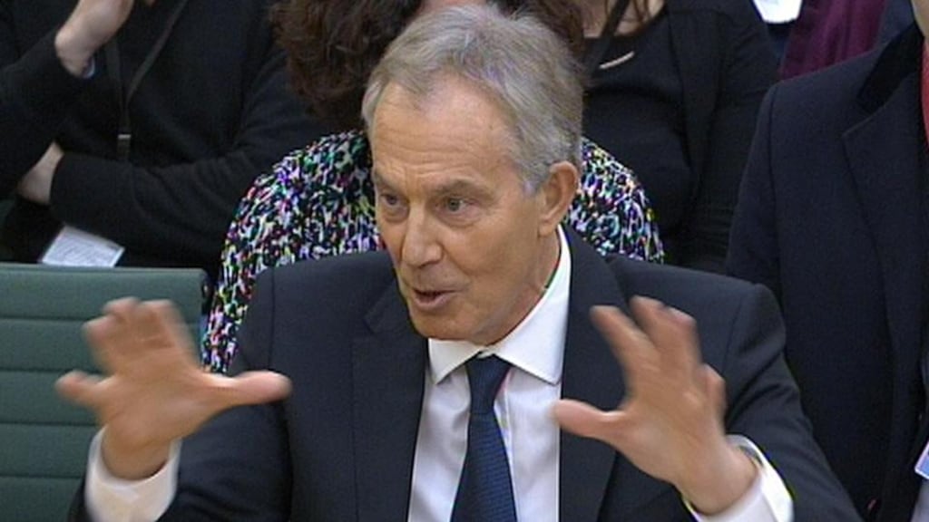 Former British prime minister Tony Blair answers questions at the parliamentary inquiry at the House of Commons in London, into the ‘on the runs’ letters and the deal he did with Sinn Féin to secure peace in Northern Ireland. Photograph: PA Wire