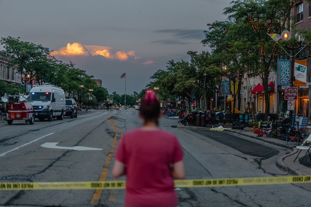 Gunshots rained down from a rooftop onto a July 4th parade in Highland Park, Chicago, killing six people and injuring dozens more. Photograph: Mary Mathis/The New York Times