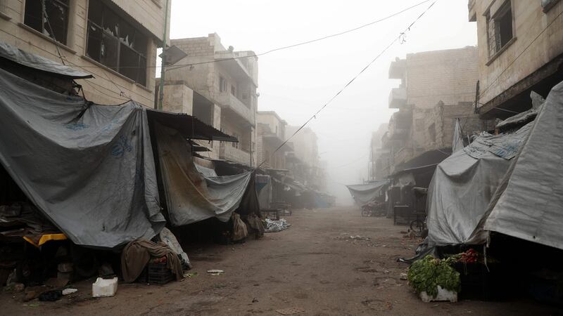 A deserted market street in Maaret Al-Numan in the northwestern Idlib province, as government forces advance on the town. Photograph: Getty
