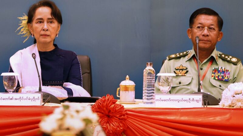 Myanmar’s state counsellor Aung San Suu Kyi and military chief senior general Min Aung Hlaing in 2018. Photograph: Handout/Myanmar state counsellor office/AFP via Getty Images