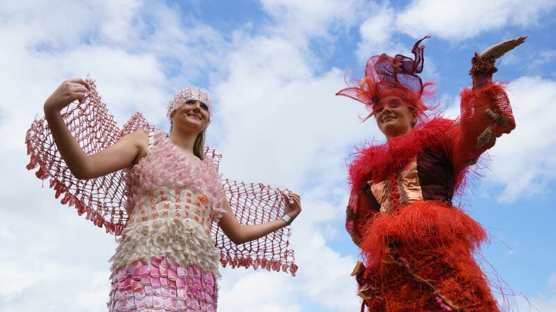 Charlotte Buckley and Laura Kirwin show off their junk couture at Kaleidoscope Festival in Russborough House. Photograph: Fran Veale