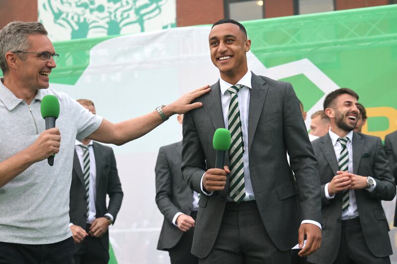 Adam Idah speaking to Celtic fans during a trophy celebration at Celtic Park, Glasgow, on Saturday. Photograph: Robert Perry/PA Wire