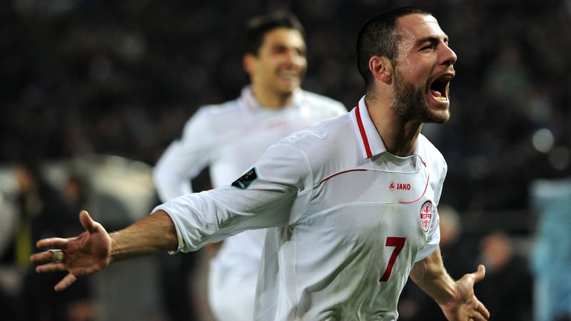 Georgia’s Jaba Kankava celebrates his team victory during their Euro 2012 qualifying match against Croatia in Tbilisi on March 26, 2011. Photograph: AFP