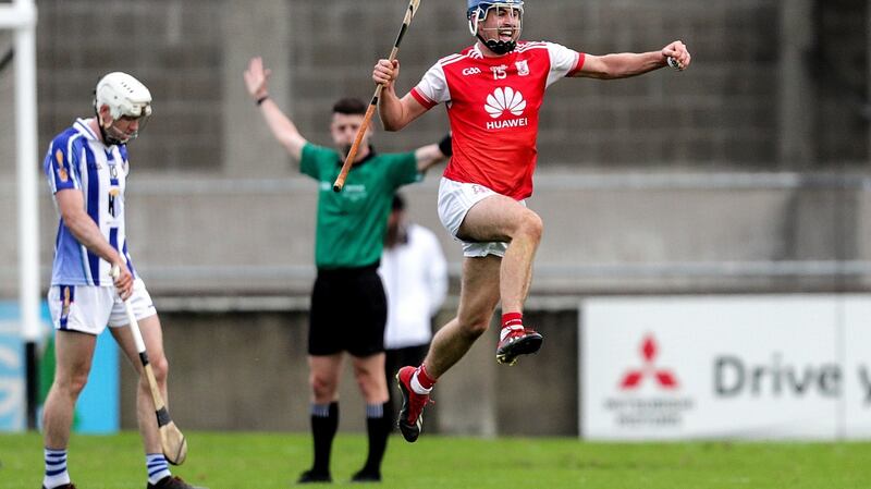 Seán Moran of Cuala celebrates at the final whistle in the Dublin Senior Hurling Championship final at Parnell Park on Sunday. Photograph: Laszlo Geczo/Inpho