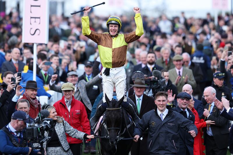 Jockey Paul Townend celebrates aboard Galopin Des Champs after winning the Cheltenham Gold Cup during day four of the 2024 festival. Photograph: Michael Steele/Getty Images