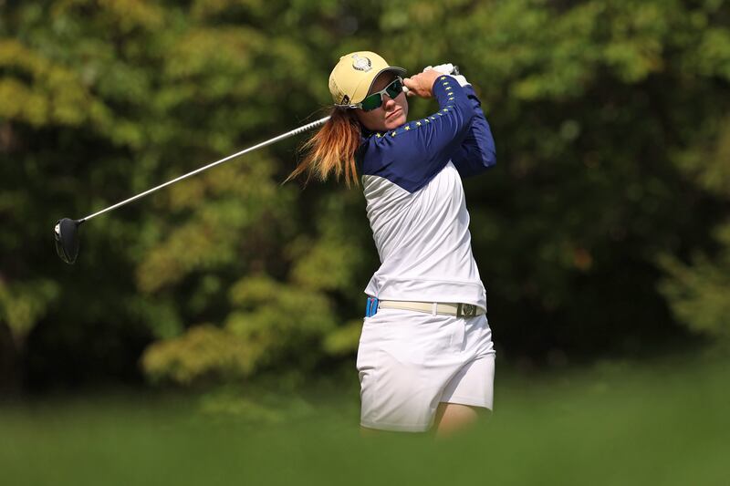 Ireland's Leona Maguire plays her shot from the third tee during the Sunday singles matches at the Solheim Cup. Photograph: Scott Taetsch/Getty Images