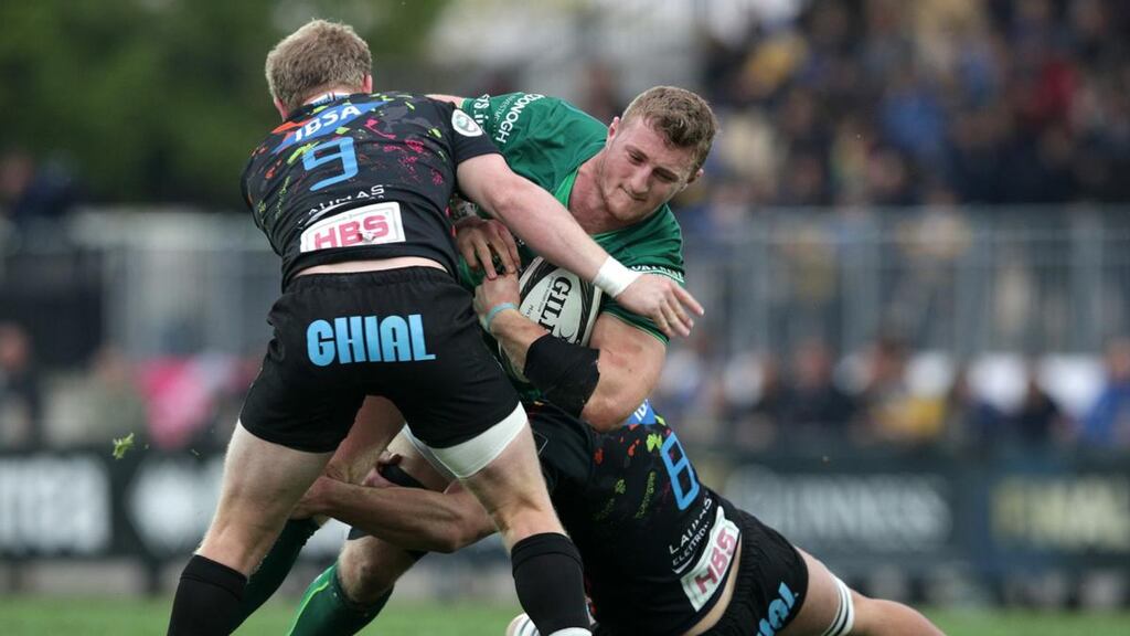 Connacht’s Peter Robb is tackled by Joshua Renton and Renato Giammarioli of Zebre during the Guinness Pro 14 game at Stadio Sergio Lanfranchi in Parma. Photograph: Giuseppe Fama/Inpho