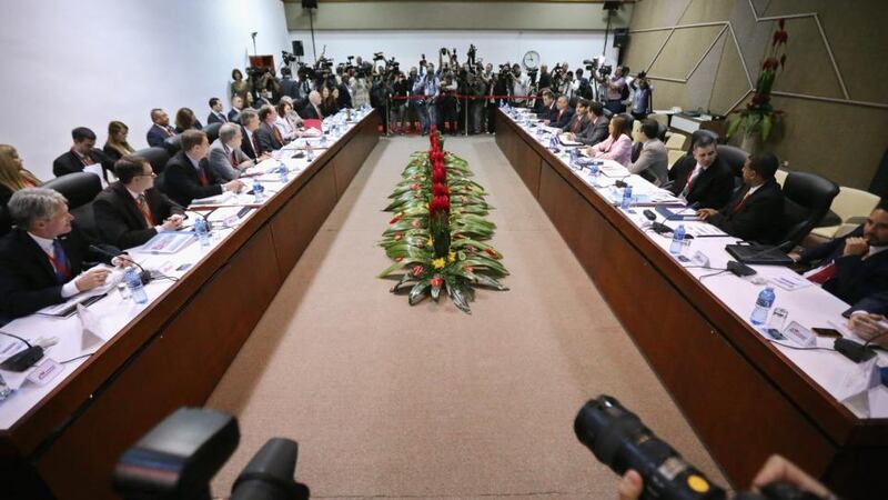US and Cuban delegations at the start of historic talks  at the Palacio de las Convenciones de La Habana on January 21st, 2015 in Havana, Cuba. Photograph: Chip Somodevilla/Getty Images