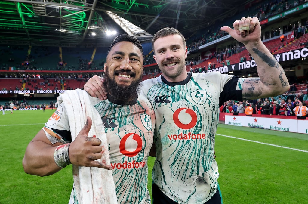 Ireland's Bundee Aki and Connacht's Mack Hansen celebrate after a Six Nations clash.