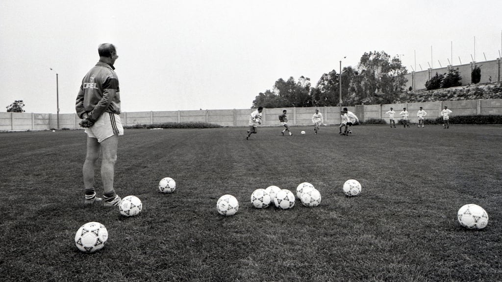 IIreland manager Jack Charlton takes charge of a session during the pre-World Cup training camp in Malta. Photograph: Billy Stickland