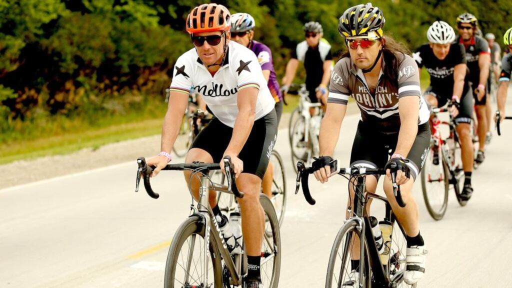 Lance Armstrong departs at the start of the third day of the Ragbrai en route to West Des Moines on July 23rd in Perry, Iowa, US. Photograph: Matthew Stockman/Getty Images