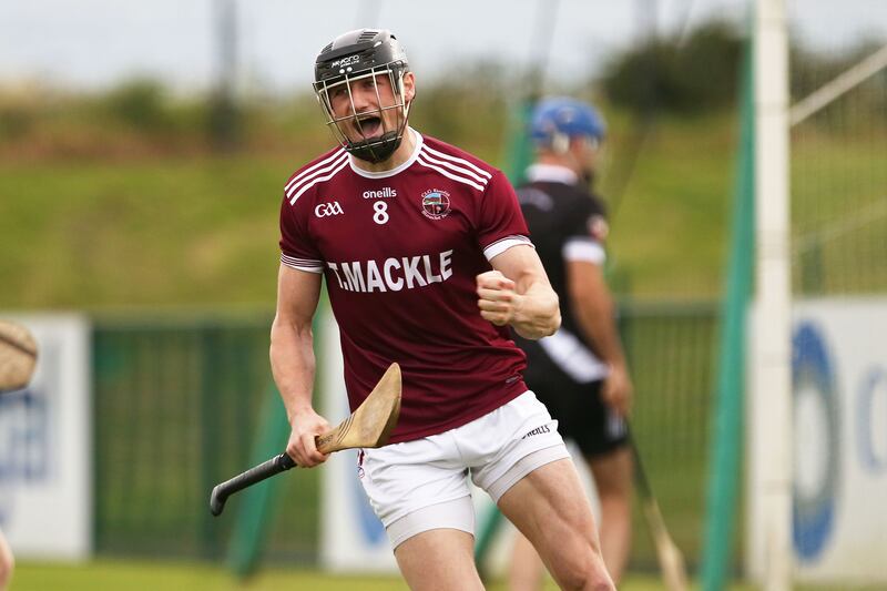 Slaughtneil captain Brendan Rogers celebrating a goal against Kevin Lynch's in the Derry Senior Hurling Championship final at Owenbeg. Photograph: Lorcan Doherty/Inpho
